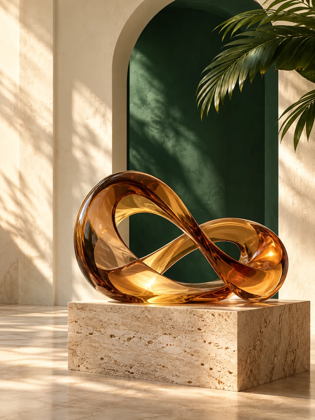 Escultura de vidro âmbar em equilíbrio, sobre pedra natural em um ambiente verde e marfim